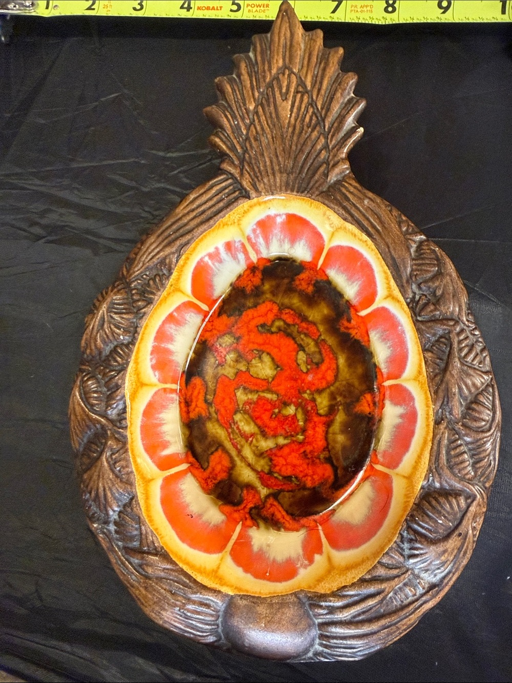 Vintage Floral Ceramic Wall Plaque in Brown and Orange vintage made in Maui HI